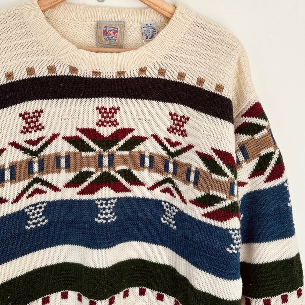 Vintage Aztec Crew knit Sweater - multi-coloured on cream - M - oversized - Picture 4 of 6
